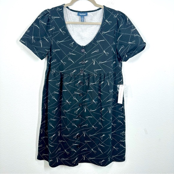 Modcloth Women's Size Small Dark Grey Scissors Graphic Print V Neck Mini Dress - Picture 1 of 6